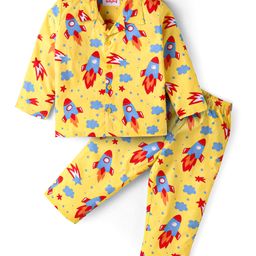 Babyhug Cotton Knit Full Sleeves Front Open Night Suit with Rocket Print - Yellow-image-10