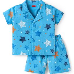 Babyhug Cotton Knit Half Sleeves Front Open Co-ords Shorts Night Suit with Stars Print - Blue-image-66