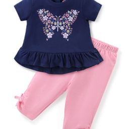 Babyhug Single Jersey Knit Half Sleeves Top & Leggings Set with Floral Embroidery - Navy Blue & Pink-image-98