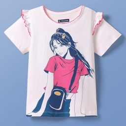 Pine Kids Cotton Knit Half Sleeves Top With Doll Print & Frill Detailing - White-image-76