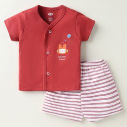 Zero Sinker Knit Half Sleeves Shorts Night Suit With Stripes & Welcome Friend Text Print - Red & White-picture-0