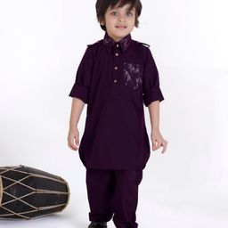 Ministitch Cotton Silk Full Sleeves Abstract Printed Pathani Style Kurta Pyjama Set - Wine-image-84