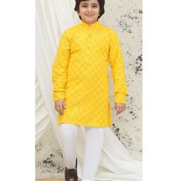 AJ Dezines Schiffli Full Sleeves Floral Embroidered Sequins Embellished Kurta Pyjama Set - Yellow-image-2