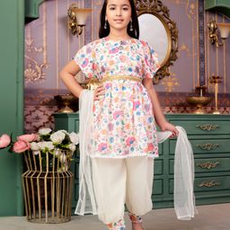 Aarika Georgette Half Sleeves Floral Printed Kurta Salwar With Dupatta Set - Pink & Cream-picture-6