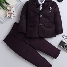 Fourfolds Full Sleeves Abstract Foil Printed 3 Piece Party Suit Set With Bow - Wine-image-2