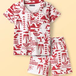 Pine Kids Single Jersey Knit Half Sleeves Co-Ord Shorts Night Suit With Beach Theme Print - Red & White-image-4