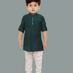 little desi Cotton Silk Full Sleeves Solid Kurta Pyjama Set - Bottle Green-picture-7