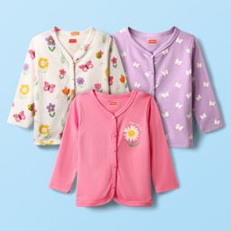Babyhug 100% Cotton Interlock Knit Full Sleeves Antibacterial Front Open Jhablas with Floral & Butterfly Print Pack of 3 - Lilac White & Pink-image-74