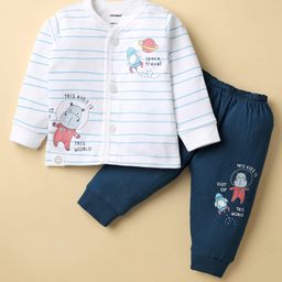 CUCUMBER Sinker Knit Full Sleeves Front Open T-Shirt & Jogger with Animal & Space Theme Print with Stripe Design - White & Navy Blue-image-23