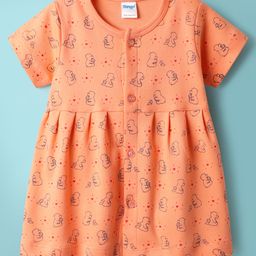 Tango Interlock Knit Half Sleeves Front Open Frock with Teddy Print - Coral-image-59