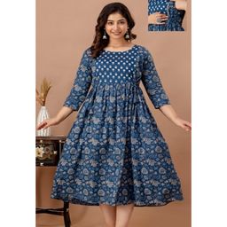 NEVISHA STYLE Cotton Woven Three Fourth Sleeves Floral Printed Maternity Kurta With Nursing Access - Blue-image-24