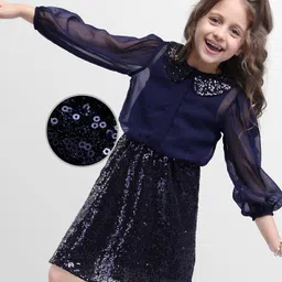 Hola Bonita Knit Full Sleeves Party Dress with Sequin Detailing - Navy Blue-picture-0