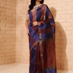 Fabindia Navy Silk Blend Printed Sari-image-4