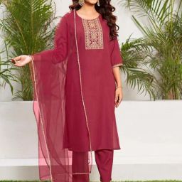 Skylee Cherry Red Cotton Embroidered Kurta Pant Set With Dupatta-image-8