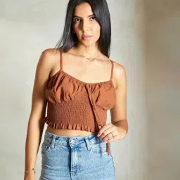 VIRGIO Brown Cotton Solid Sleeveless Crop Top-picture-33