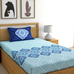 Dreamscape Blue Cotton 144 TC Single Bedsheet with 1 Pillow Cover-image-52