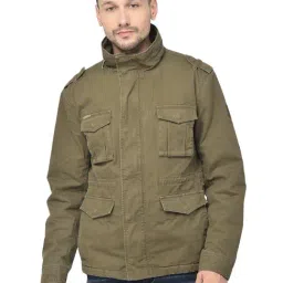 Woodland Olive Regular Fit High Neck Cotton Jacket-image-6