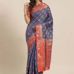 Blissta Navy & Red Woven Saree With Unstitched Blouse-image-38