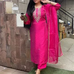 Growdamy Floral Yoke Design Thread Work Chanderi Silk Kurta With Trousers & Dupatta-picture-30