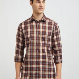 ColorPlus Brown Cotton Tailored Fit Checks Shirt-image-17