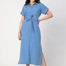 Moomaya Blue & White Cotton Striped Shirt Dress-image-11