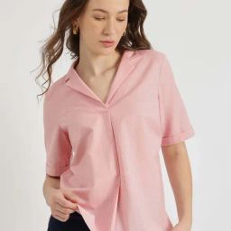 Fablestreet Pink Cotton Notched Collar Top-picture-33