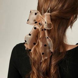 OOMPH Brown & Black Polka Dots Organza Scarf Bow Hair Claw-image-32