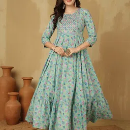 GLAM ROOTS Floral Printed Tiered Mirror Work Round Neck Pure Cotton Anarkali Kurta-52