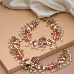 Panash Gold Plated Stones Studded & Pearls Beaded Anklets Set of 2-0