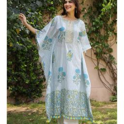 Scakhi Blue Striped-Floral Cotton Block Printed Kaftan Set-image-0