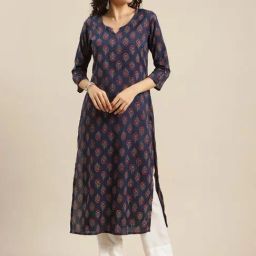 Varanga Navy Cotton Floral Print Straight Kurta-image-25