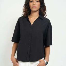 People By Pantaloons Jet Black Cotton Relaxed Fit Shirt-picture-7