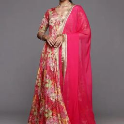 Varanga Pink Floral Print Anarkali Kurta With Dupatta-image-8