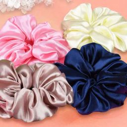 OOMPH Blue, Pink & Yellow Satin Silk Large Scrunchy Rubber Band Hair Tie - Combo of 4-image-95