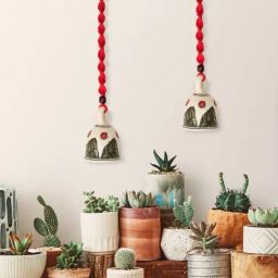 Gathari Red Ceramic Wall Hanging Macrame Bells - Set of 2-image-2
