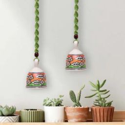 Gathari Green Ceramic Wall Hanging Macrame Bells - Set of 2-19