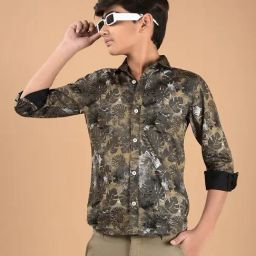 Crimsoune Club Boys Khaki Cotton Floral Shirt-image-82