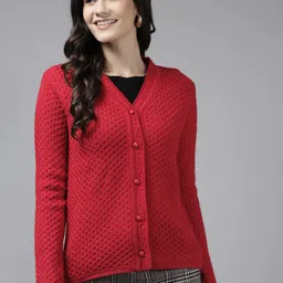 Cayman Women Red Woollen Cardigan-image-15
