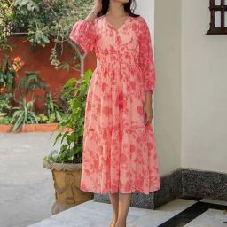 Janasya Pink Floral Janasya Women's Coral Pink Georgette Floral Printed Fit & Flare Dress-image-1