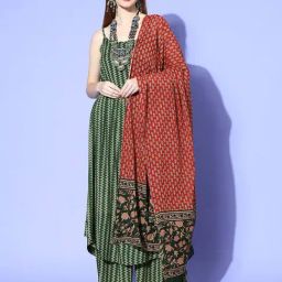 Inweave Green Printed Kurta & Palazzo Set with Dupatta-image-8