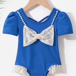 Kookie Kids Half Sleeves V Cut Swimsuit Bow Applique - Blue-17