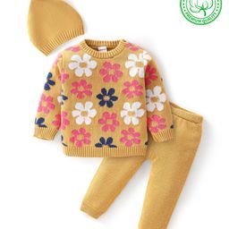Babyhug Knit Full Sleeves Baby Sweater Set with Cap Floral Design - Multicolor-image-20