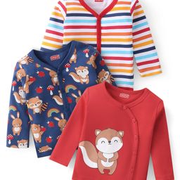 Babyhug 100% Cotton Knit Full Sleeves Front Open Vests Stripes & Fox Print Pack of 3 - Multicolour-image-10