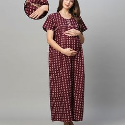 MomToBe Half Sleeves Floral Motif Printed Maternity Night Dress With Concealed Zipper Nursing Access - Maroon-image-35