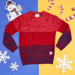 Pantaloons Junior Full Sleeves Cable Designed Colour Blocked Pullover - Red-picture-22