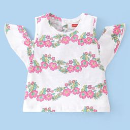 Babyhug Cotton Cold Shoulder Half Sleeves Top Floral Print - White-image-44