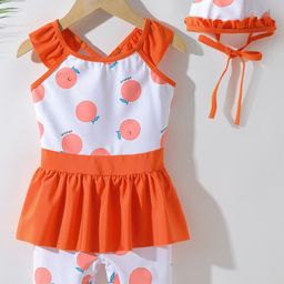 Kookie Kids Sleeveless Legged Swimsuit with Cap Tangerine Print  -White-picture-20