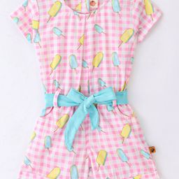 Dew Drops Poplin Half Sleeves Checked Jumpsuits with Belt Ice Cream Print - Peach-picture-9