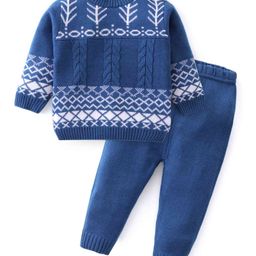 Babyhug Knit Full Sleeves Sweater Set With Cable Knit & Chevron Design - Blue-image-88