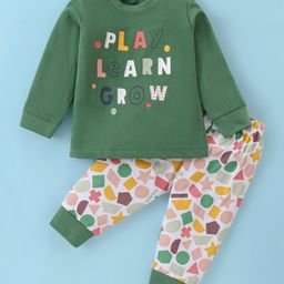 Zero Sinker Knit Full Sleeves Night Suit With Text Print - Green-picture-44